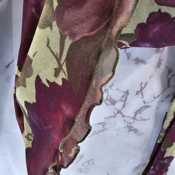 Vintage 90s Y2K Shirt Women Small Green Mesh Lettuce Hem Sheer Floral Rose - Picture 11 of 13